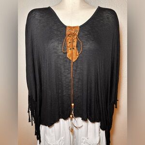 Vintage Havana Black Fringe Poncho w/Tan Lace-Up 100% Rayon One Size